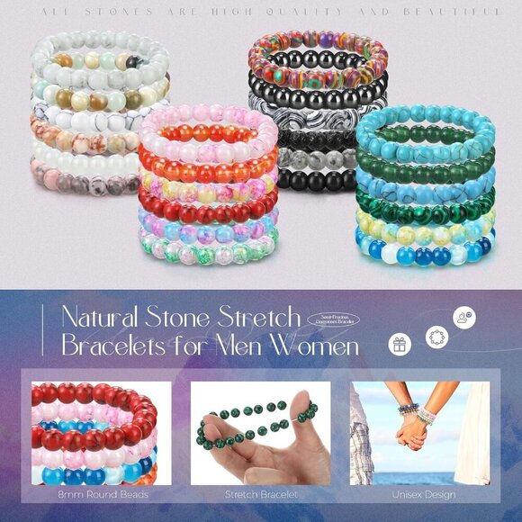 Gemstone Beaded Bracelets Set 24-Color Natural Stone Unisex Jewelry - Picture 4 of 7